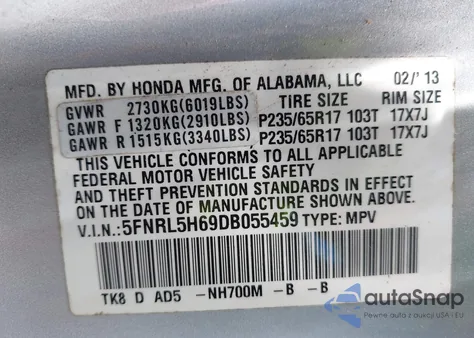 2013 Honda Odyssey Ex-L from USA, damaged, VIN 5FNRL5H69DB055459